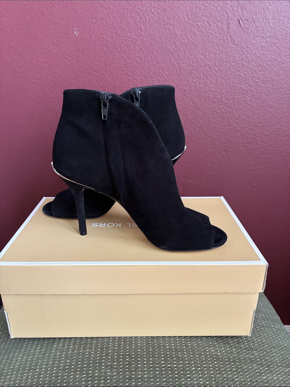 Michael Kors Black Suede Peep-Toe Ankle Booties with Metallic Accent